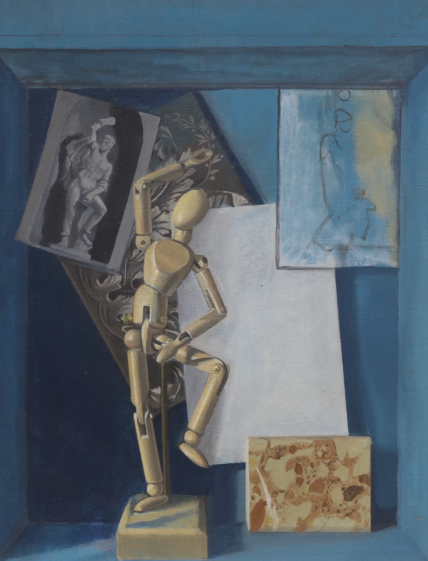 Modern British, oil on canvas, Still life study of an artist's maquette, 44 x 34cm